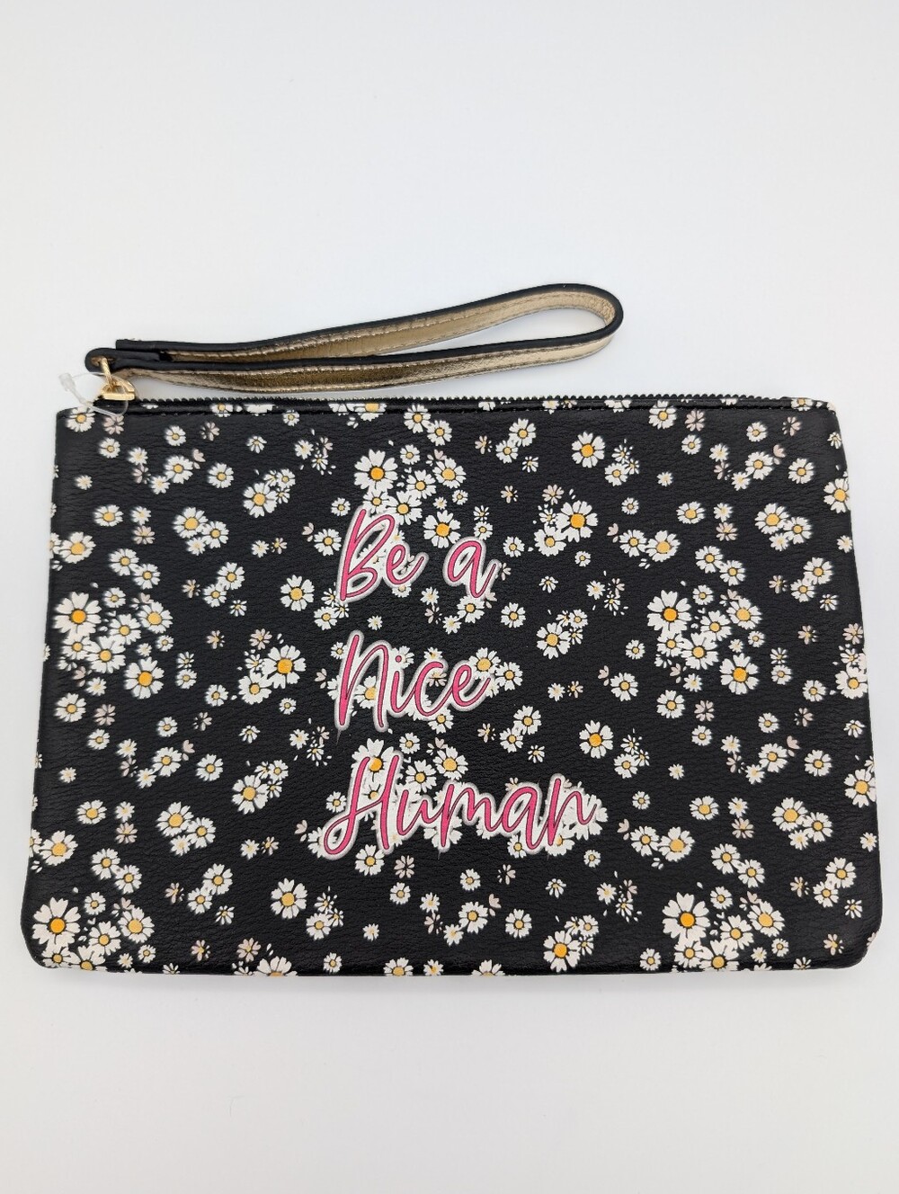 Betsey Johnson Be A Nice Human Black Floral Print Wristlet Pouch